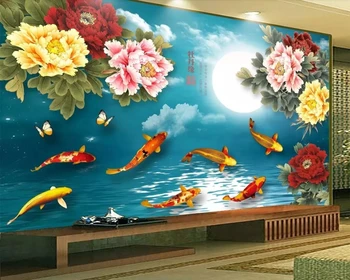 Papel de parede Kinų stiliaus žiedų bijūnas gėlių mėnulis karosas 3d tapetai,restoranas kambarį tv sofa-lova, miegamojo sienos freskos