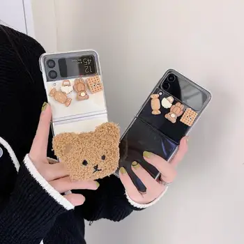 Permatomas Dangtelis skirtas Samsung Galaxy ZFlip3 Atveju 3D Sausainių In Cartoon Pliušinis Meškinas Telefono Laikiklis Z 