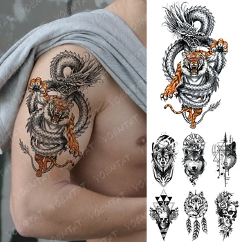 Atsparus Vandeniui Laikina Tatuiruotė Lipdukas Dragon Tiger Geometrijos Vilkas 