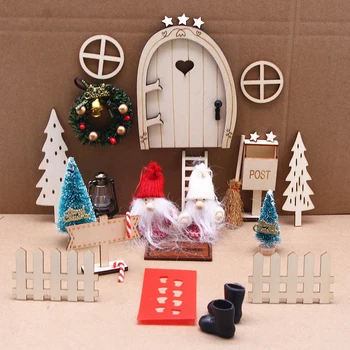 Mini Lėlių namas Elf Durų Kalėdinė Dekoracija Nustatyti Miniatiūrinės scenos Mini medinės durys Elf durų priedai Kalėdų PASIDARYK pats apdailos