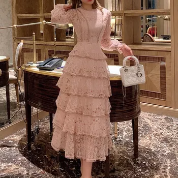 Rožinė Nėriniai Siuvinėjimo Maxi Suknelė Moterų Rudenį, Žiemą Visą Rankovės Aukšto Juosmens Pynimas Elegantiškas Ilgas Šalis Suknelės Moteris 2022