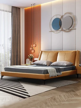 Šiaurės prabangus odinis lovos pirmame aukšte odos vestuvių lova paprastas, modernus miegamojo, dvigubos odos lova 1.8 italijos
