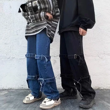 High Street Vyrų Y2K Juodojo Kaspino Baggy Gotikos Džinsai Krovinių Kelnės Hip-Hop korėjos Tiesios Kelnės Džinsinio audinio Kelnės Streetwear Moterims
