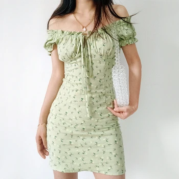 Vasaros suknelės off shouder atsitiktinis paplūdimio mini suknelė vintage žalia gėlių suknelė trumpomis rankovėmis ruched dress priekiniai kaklaraištis korėjos stiliaus