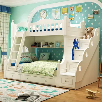Madingas medžio masyvo vaikų dvigulė lova galima išmontuoti su viršutinės ir apatinės lentynos, lovos.