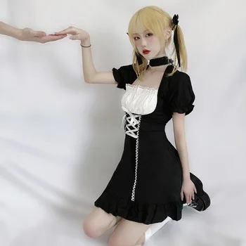 Japonijos Minkštas Sesuo Cute Lolita Dress Moterų Viktorijos Gotika Sluoksniuotos Rankovėmis Slim Suknelė Šalis Retro Tamsiai Mergaites Tvarstis Tarnaitė Suknelės