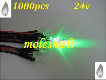 Nemokamas pristatymas 1000pcs 5mm žalia Mirgėjimo 24V iš Anksto sujungtas, Vanduo skaidrus LED Led Žvakė žalia Šviesa 20CM