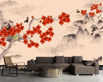 Beibehang Užsakymą tapetai Kinų stiliaus ranka-dažytos gėlės paukščių slyvų TV foną, freskomis gyvenimo kambario, miegamasis 3d tapetai
