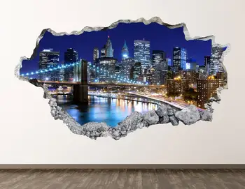 Niujorko Peržiūrėti Sienos Lipdukas - Naktį Horizontai 3D Sutriuškino Sienos Menas, Lipdukas Vaikams Dekoras Vinilo Freskos Plakatas Užsakymą Dovana KD467