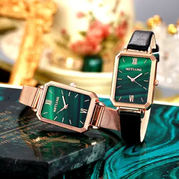 Top Prabangos Prekės Juoda Žalia Moterų Žiūrėti Stačiakampio Oda Moterų Mados Laikrodžiai Elegantiškas Ladeis Kvarciniai Laikrodžiai Laikrodis