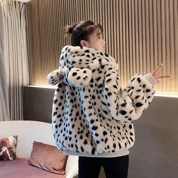 Mielas Saldus Triušio Ausis Moteris, Kailiniai Paltai Gobtuvu Leopard Trumpas Tirštėti Šiltas Atsitiktinis Moterų Outwear Viršūnės