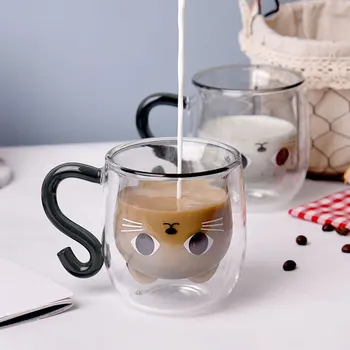 2021 Naujas Mielas Vandens Taurė Cartoon Katė Modelius Stiklo Taurės Teacup Kavos Puodelis su Dangteliu Home Office Mokyklos dvisluoksnį Puodeliai