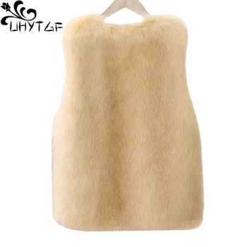UHYTGF Imituoti Fox Fur Rudens ir Žiemos Kailių Vest Moterų V-Kaklo Single-Breasted Rankovių Trumpos Liemenės, Liemenė Didelis Dydis Originali 831