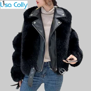 Žiemos Moteris PU Odos Antkaklis Su Kailių Paltai Striukės Moterims Priekiniai Zip, Dirbtiniais Fox Fur Coat Aukštos Imitacija Fox Fur Coat Striukė