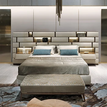 Lova modernus minimalistinis miegamasis aukštas atgal plačiaekranis odos dvigulė lova, miegamojo baldai