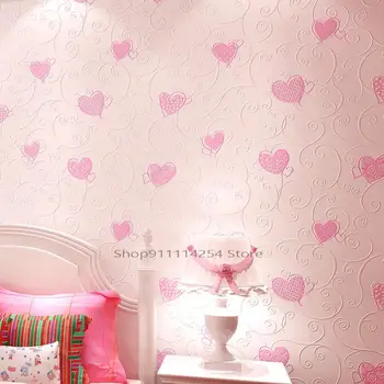 Šilta, romantiška mergaitė princesė kambarys miegamasis neaustinių vestuvių kambario tapetai persikų širdis myli rausvos spalvos, vaikų kambario sienos popieriaus